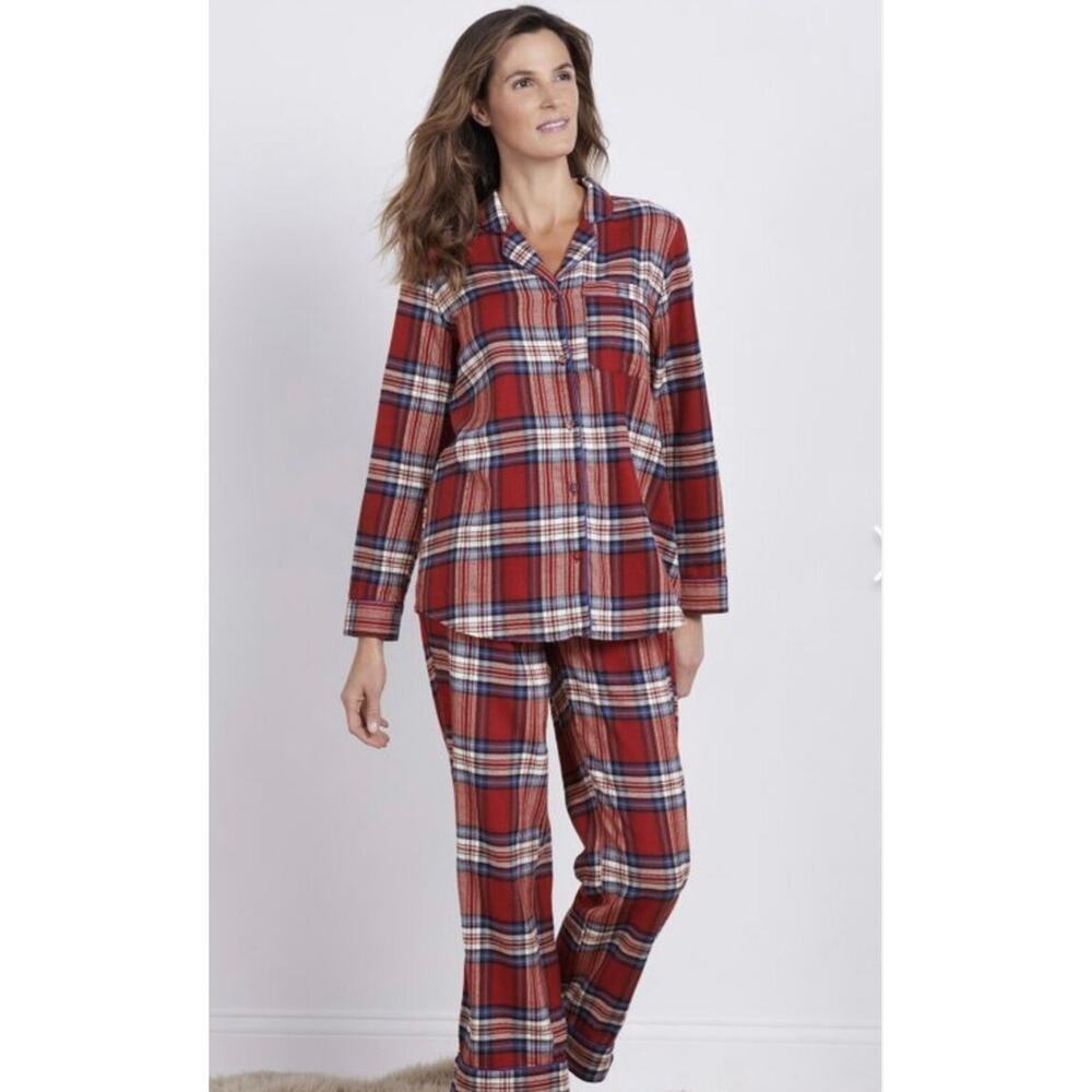 Soft Surroundings Red Plaid Flannel Pajama Set Jolly Good Womens Large Holiday - Picture 2 of 12
